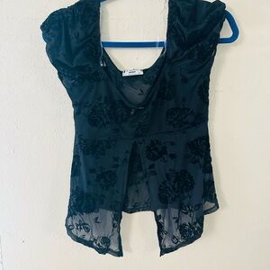 Electric Family Black Floral Sheer V-Neck Top